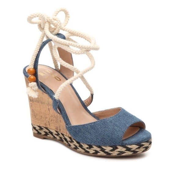 Mix No 6 Denim Strappy Tie Up Wedge Sandal Size 9 - Picture 1 of 11